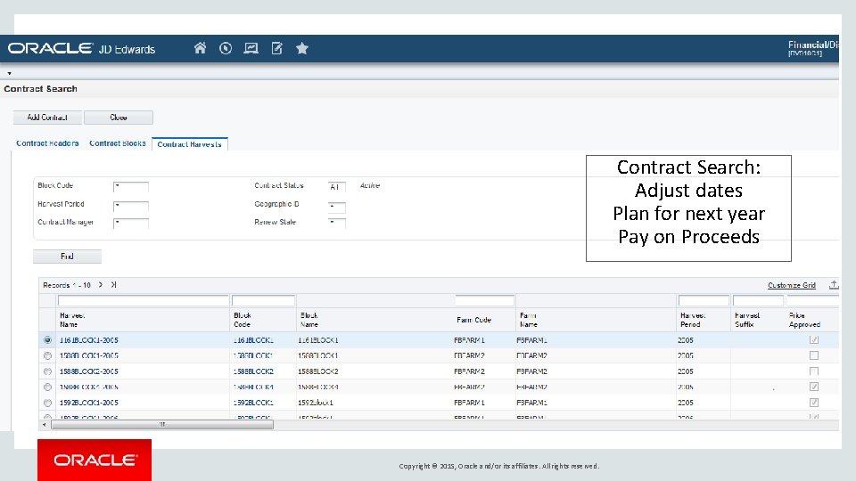 Contract Search: Adjust dates Plan for next year Pay on Proceeds Copyright © 2015,