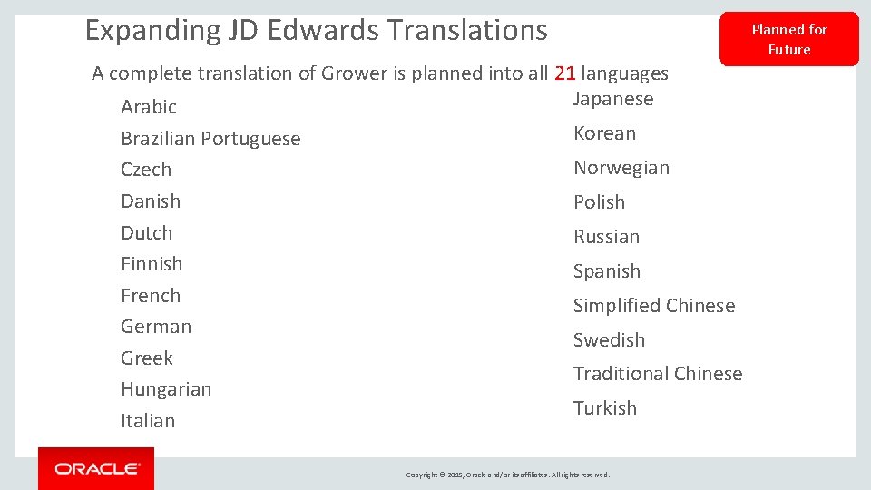 Expanding JD Edwards Translations Planned for Future A complete translation of Grower is planned