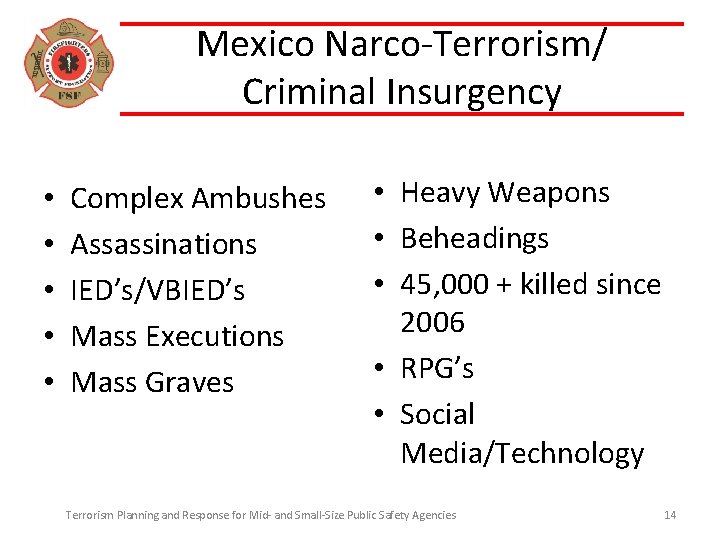 Mexico Narco-Terrorism/ Criminal Insurgency • • • Complex Ambushes Assassinations IED’s/VBIED’s Mass Executions Mass