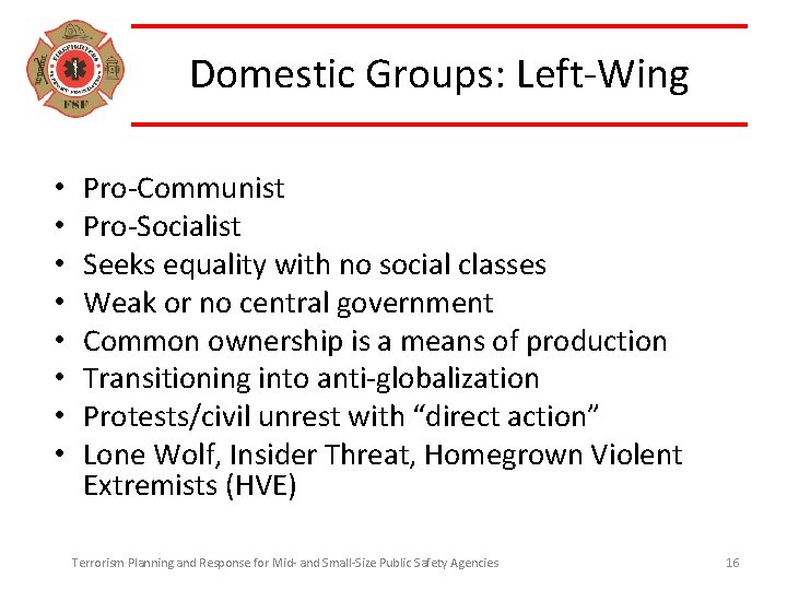 Domestic Groups: Left-Wing • • Pro-Communist Pro-Socialist Seeks equality with no social classes Weak