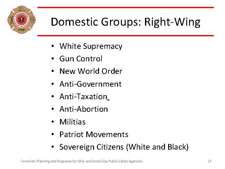 Domestic Groups: Right-Wing • • • White Supremacy Gun Control New World Order Anti-Government