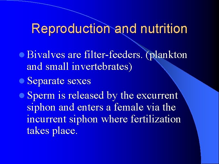 Reproduction and nutrition l Bivalves are filter-feeders. (plankton and small invertebrates) l Separate sexes Reproduction and nutrition l Bivalves are filter-feeders. (plankton and small invertebrates) l Separate sexes