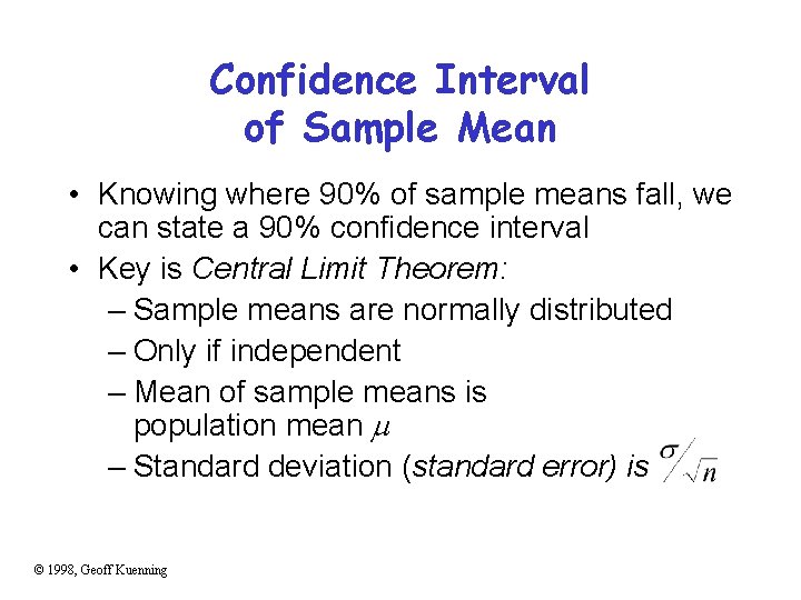 Confidence Interval of Sample Mean • Knowing where 90% of sample means fall, we