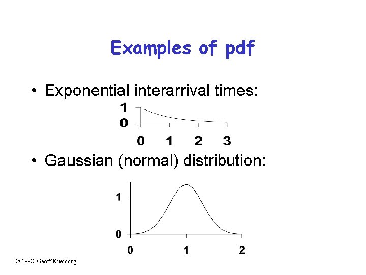 Examples of pdf • Exponential interarrival times: • Gaussian (normal) distribution: © 1998, Geoff
