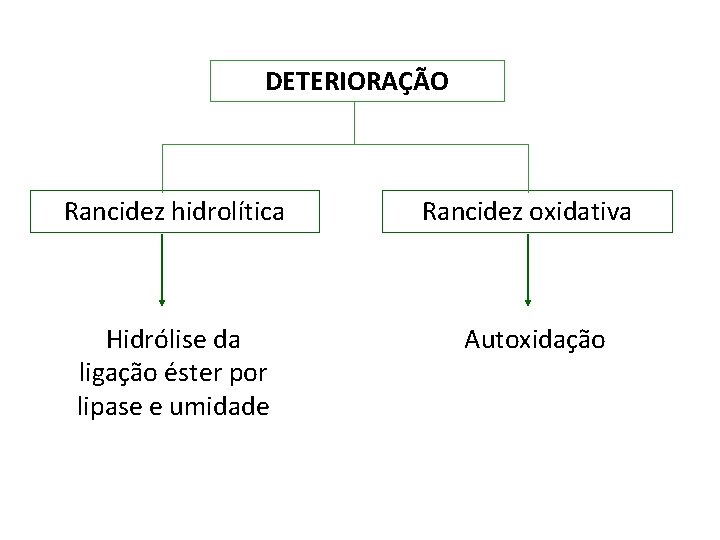 DETERIORAÇÃO Rancidez hidrolítica Rancidez oxidativa Hidrólise da ligação éster por lipase e umidade Autoxidação