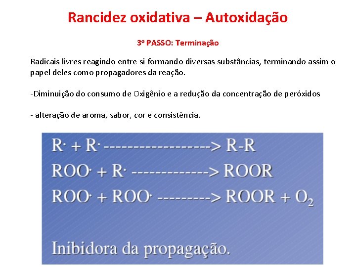 Rancidez oxidativa – Autoxidação 3 o PASSO: Terminação Radicais livres reagindo entre si formando