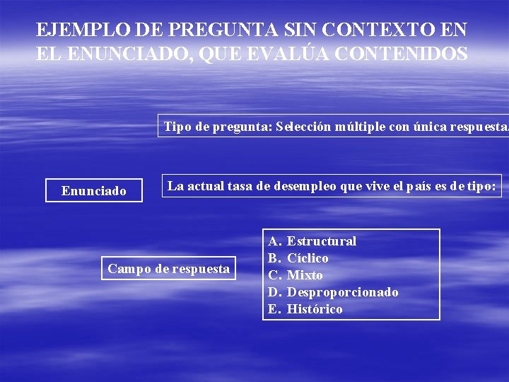 EJEMPLO DE PREGUNTA SIN CONTEXTO EN EL ENUNCIADO, QUE EVALÚA CONTENIDOS Tipo de pregunta: