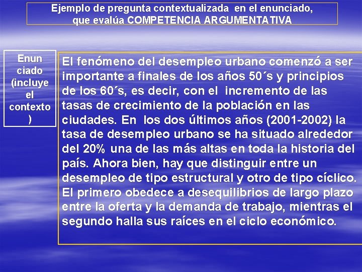 Ejemplo de pregunta contextualizada en el enunciado, que evalúa COMPETENCIA ARGUMENTATIVA Enun ciado (incluye