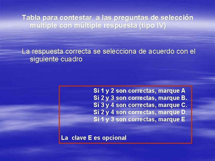 Tabla para contestar a las preguntas de selección múltiple con múltiple respuesta (tipo IV)