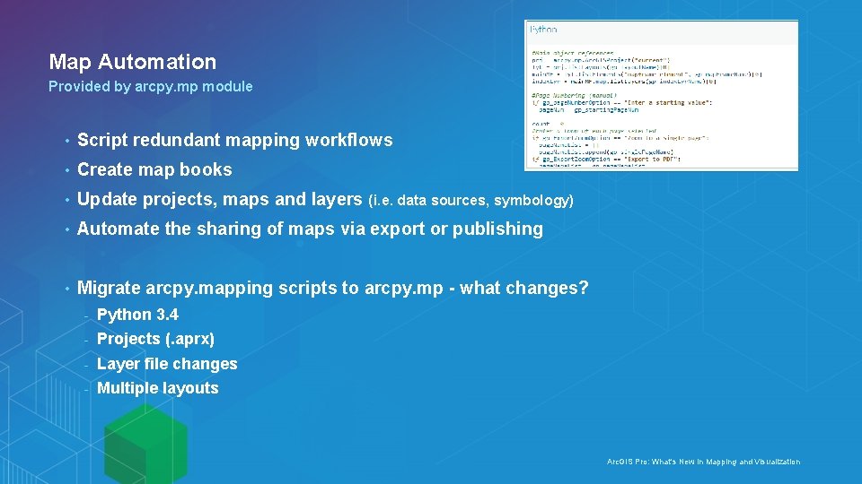 Map Automation Provided by arcpy. mp module • Script redundant mapping workflows • Create