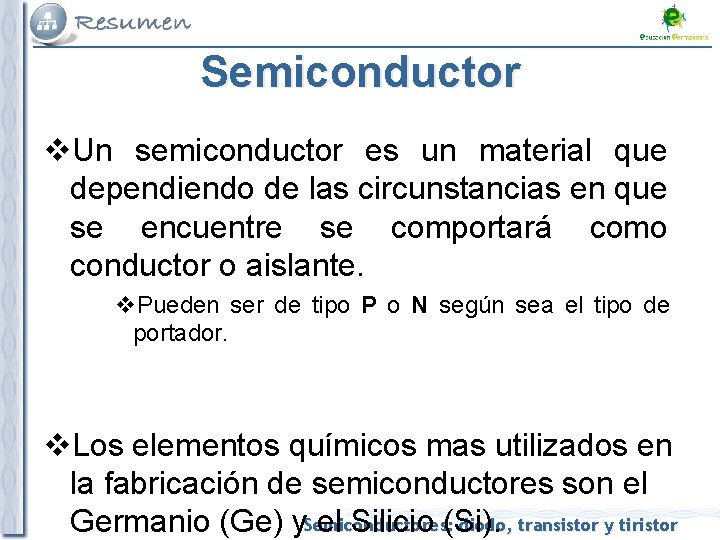Semiconductor v. Un semiconductor es un material que dependiendo de las circunstancias en que