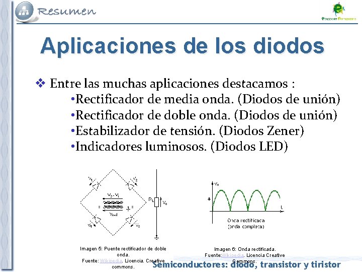 Aplicaciones de los diodos v Entre las muchas aplicaciones destacamos : • Rectificador de