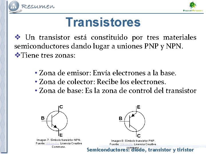 Transistores v Un transistor está constituido por tres materiales semiconductores dando lugar a uniones