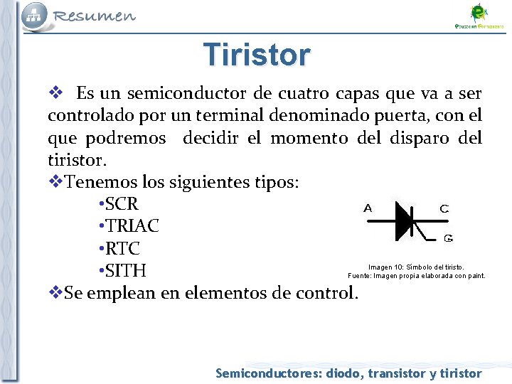 Tiristor v Es un semiconductor de cuatro capas que va a ser controlado por