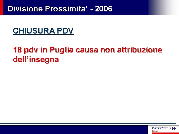 Divisione Prossimita’ - 2006 CHIUSURA PDV 18 pdv in Puglia causa non attribuzione dell’insegna Divisione Prossimita’ - 2006 CHIUSURA PDV 18 pdv in Puglia causa non attribuzione dell’insegna