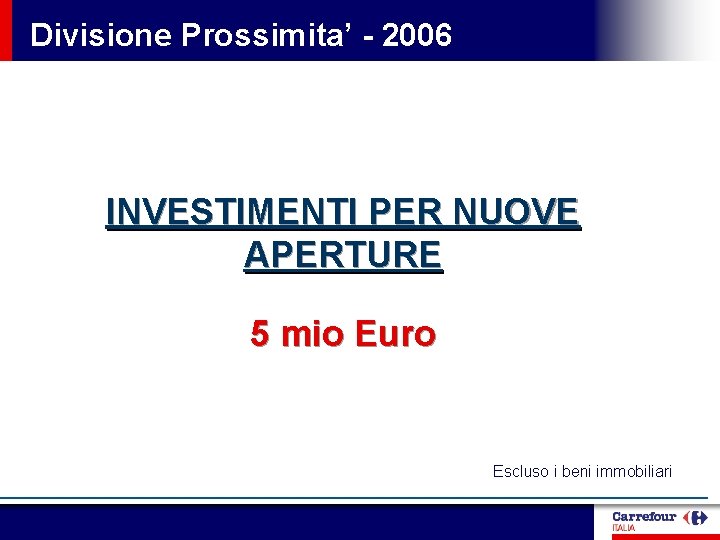 Divisione Prossimita’ - 2006 INVESTIMENTI PER NUOVE APERTURE 5 mio Euro Escluso i beni