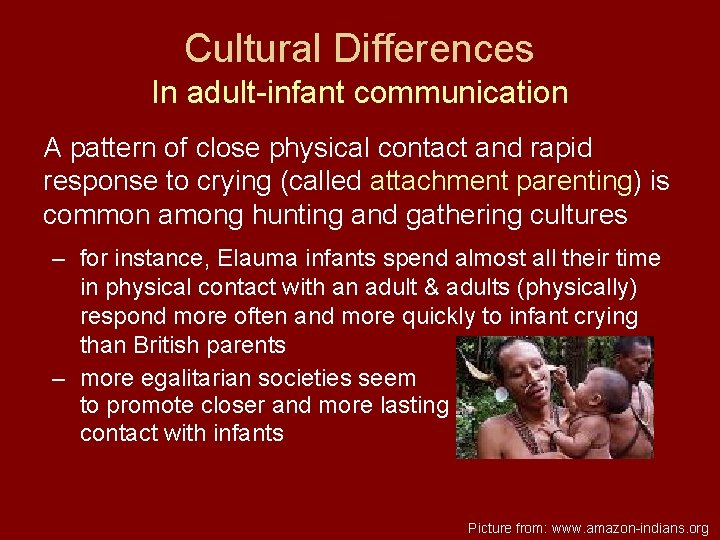 Cultural Differences In adult-infant communication A pattern of close physical contact and rapid response