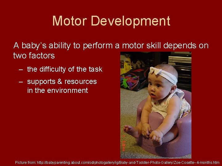 Motor Development A baby’s ability to perform a motor skill depends on two factors