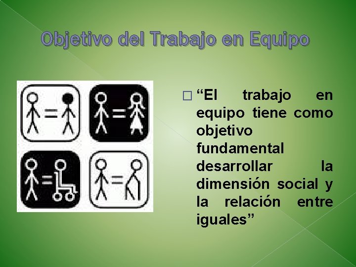 Objetivo del Trabajo en Equipo � “El trabajo en equipo tiene como objetivo fundamental