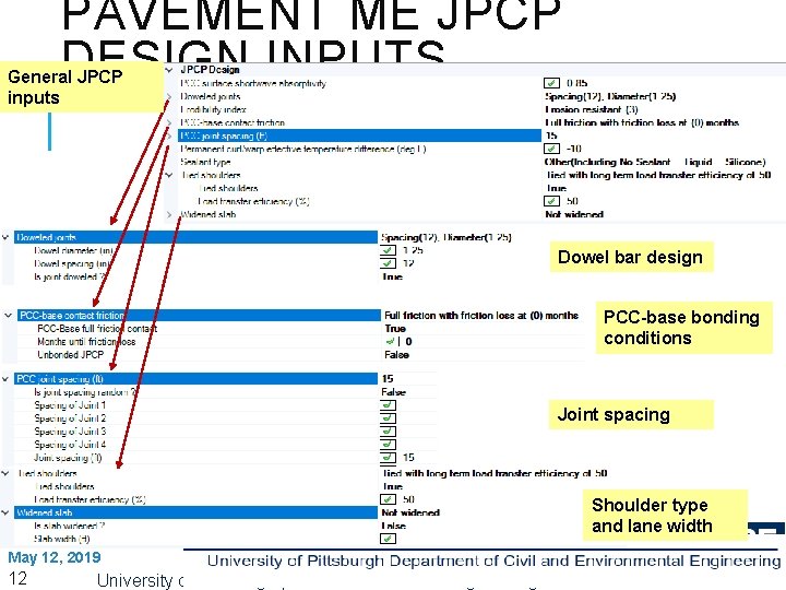 PAVEMENT ME JPCP DESIGN INPUTS General JPCP inputs Dowel bar design PCC-base bonding conditions PAVEMENT ME JPCP DESIGN INPUTS General JPCP inputs Dowel bar design PCC-base bonding conditions