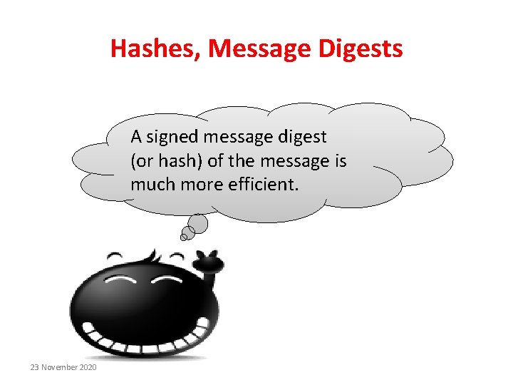 Hashes, Message Digests A signed message digest (or hash) of the message is much Hashes, Message Digests A signed message digest (or hash) of the message is much