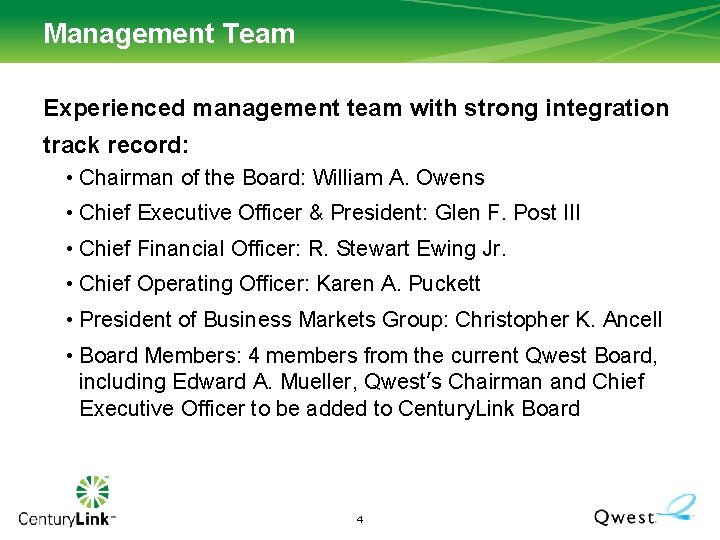 Management Team Experienced management team with strong integration track record: • Chairman of the Management Team Experienced management team with strong integration track record: • Chairman of the