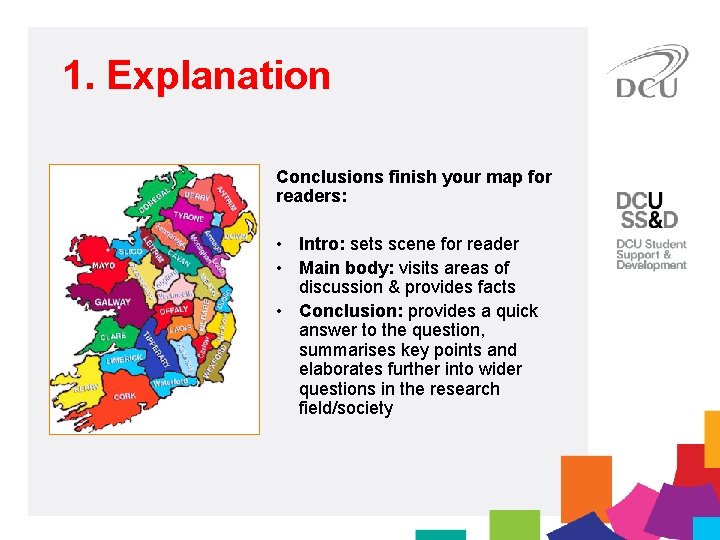 1. Explanation Conclusions finish your map for readers: • Intro: sets scene for reader