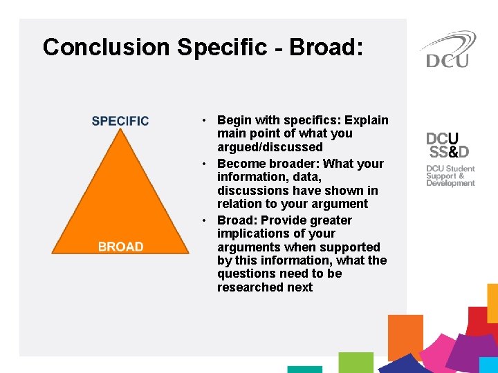 Conclusion Specific - Broad: • Begin with specifics: Explain main point of what you