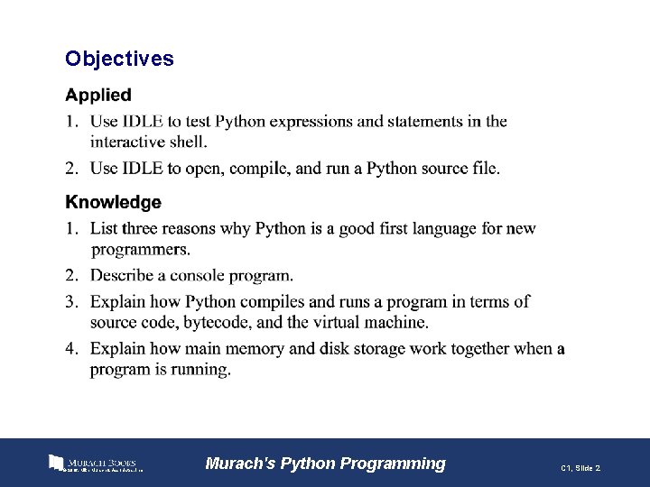 Objectives © 2016, Mike Murach & Associates, Inc. Murach's Python Programming C 1, Slide