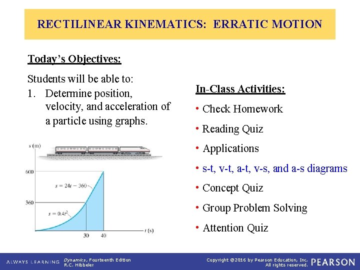RECTILINEAR KINEMATICS: ERRATIC MOTION Today’s Objectives: Students will be able to: 1. Determine position,