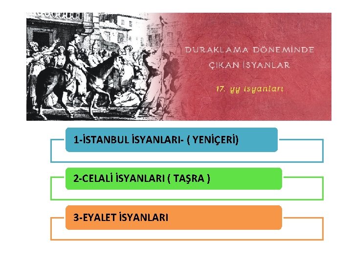 1 -İSTANBUL İSYANLARI- ( YENİÇERİ) 2 -CELALİ İSYANLARI ( TAŞRA ) 3 -EYALET İSYANLARI