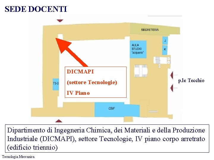 SEDE DOCENTI DICMAPI (settore Tecnologie) p. le Tecchio IV Piano Dipartimento di Ingegneria Chimica,