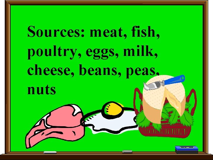 Sources: meat, fish, poultry, eggs, milk, cheese, beans, peas, nuts 