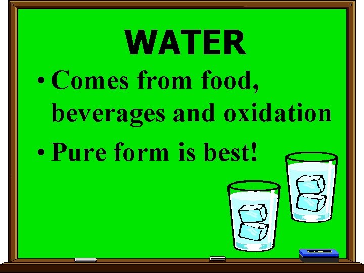 WATER • Comes from food, beverages and oxidation • Pure form is best! 