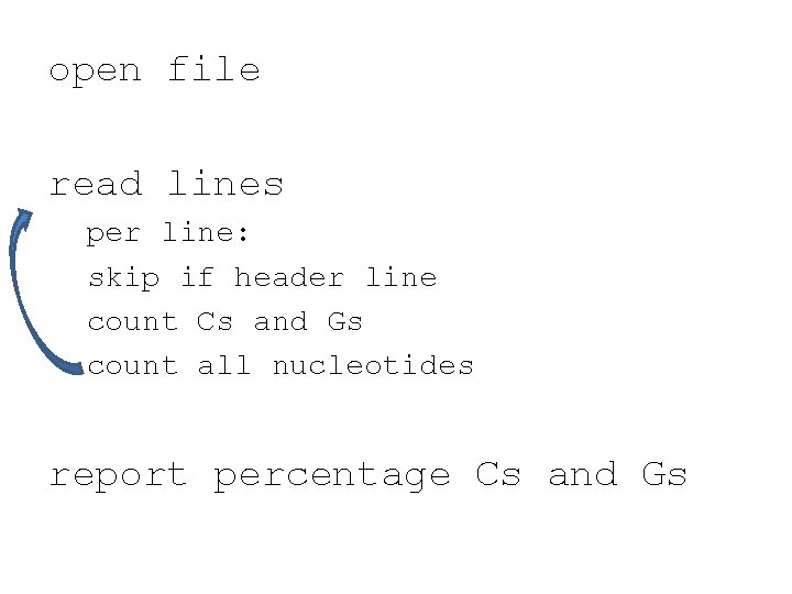 open file read lines per line: skip if header line count Cs and Gs