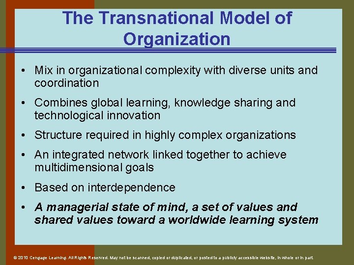 The Transnational Model of Organization • Mix in organizational complexity with diverse units and The Transnational Model of Organization • Mix in organizational complexity with diverse units and