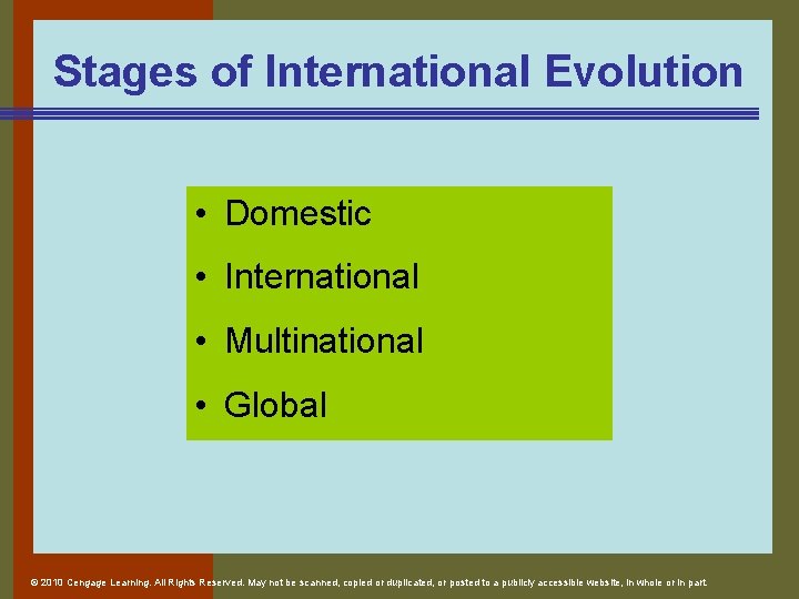 Stages of International Evolution • Domestic • International • Multinational • Global © 2010 Stages of International Evolution • Domestic • International • Multinational • Global © 2010