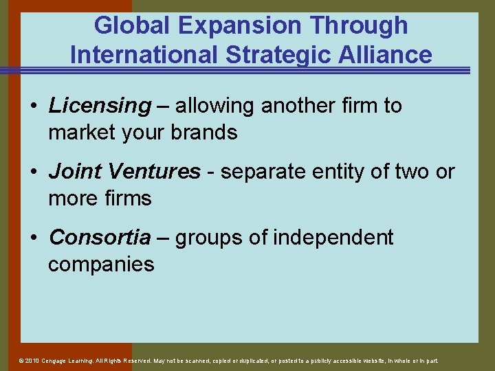 Global Expansion Through International Strategic Alliance • Licensing – allowing another firm to market Global Expansion Through International Strategic Alliance • Licensing – allowing another firm to market