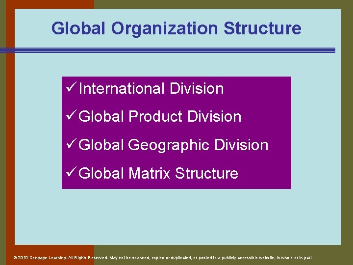 Global Organization Structure ü International Division ü Global Product Division ü Global Geographic Division Global Organization Structure ü International Division ü Global Product Division ü Global Geographic Division