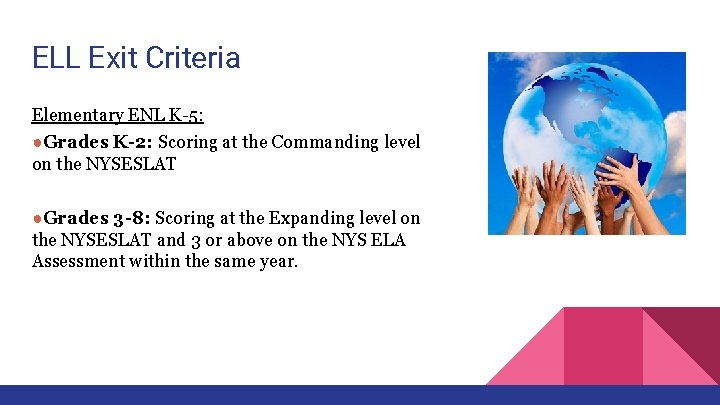 ELL Exit Criteria Elementary ENL K-5: ●Grades K-2: Scoring at the Commanding level on