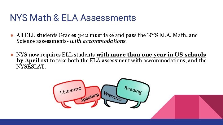 NYS Math & ELA Assessments ● All ELL students Grades 3 -12 must take