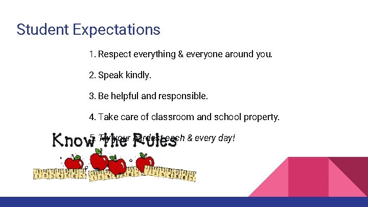 Student Expectations 1. Respect everything & everyone around you. 2. Speak kindly. 3. Be