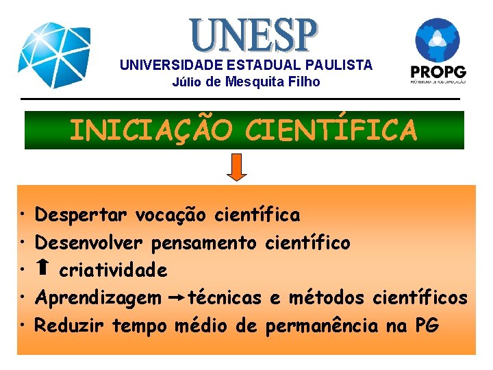 UNIVERSIDADE ESTADUAL PAULISTA Júlio de Mesquita Filho INICIAÇÃO CIENTÍFICA • • • Despertar vocação