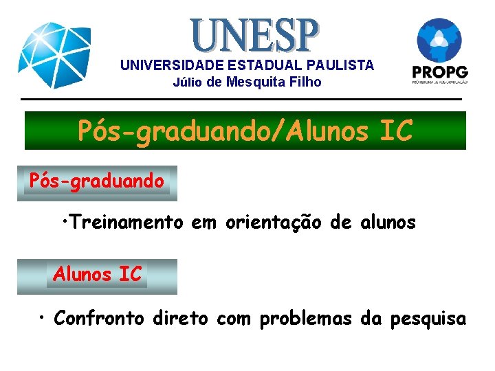 UNIVERSIDADE ESTADUAL PAULISTA Júlio de Mesquita Filho Pós-graduando/Alunos IC Pós-graduando • Treinamento em orientação