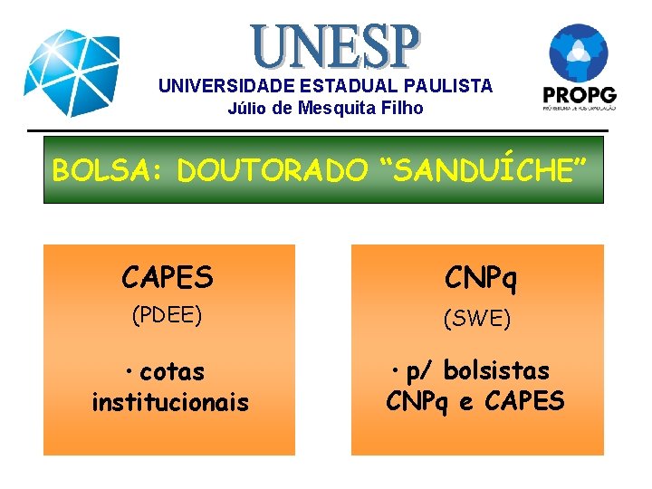 UNIVERSIDADE ESTADUAL PAULISTA Júlio de Mesquita Filho BOLSA: DOUTORADO “SANDUÍCHE” CAPES CNPq (PDEE) (SWE)