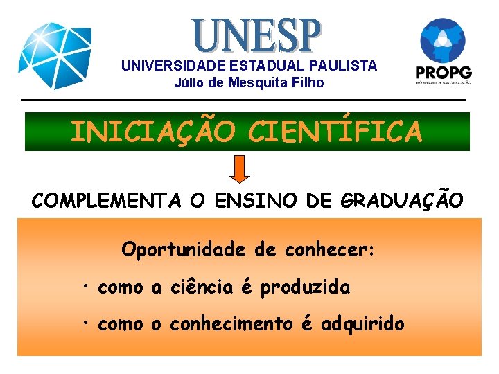 UNIVERSIDADE ESTADUAL PAULISTA Júlio de Mesquita Filho INICIAÇÃO CIENTÍFICA COMPLEMENTA O ENSINO DE GRADUAÇÃO