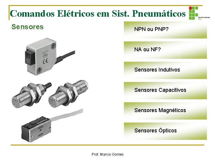 Comandos Elétricos em Sist. Pneumáticos Sensores NPN ou PNP? NA ou NF? Sensores Indutivos Comandos Elétricos em Sist. Pneumáticos Sensores NPN ou PNP? NA ou NF? Sensores Indutivos