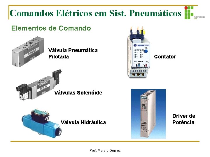 Comandos Elétricos em Sist. Pneumáticos Elementos de Comando Válvula Pneumática Pilotada Contator Válvulas Solenóide Comandos Elétricos em Sist. Pneumáticos Elementos de Comando Válvula Pneumática Pilotada Contator Válvulas Solenóide