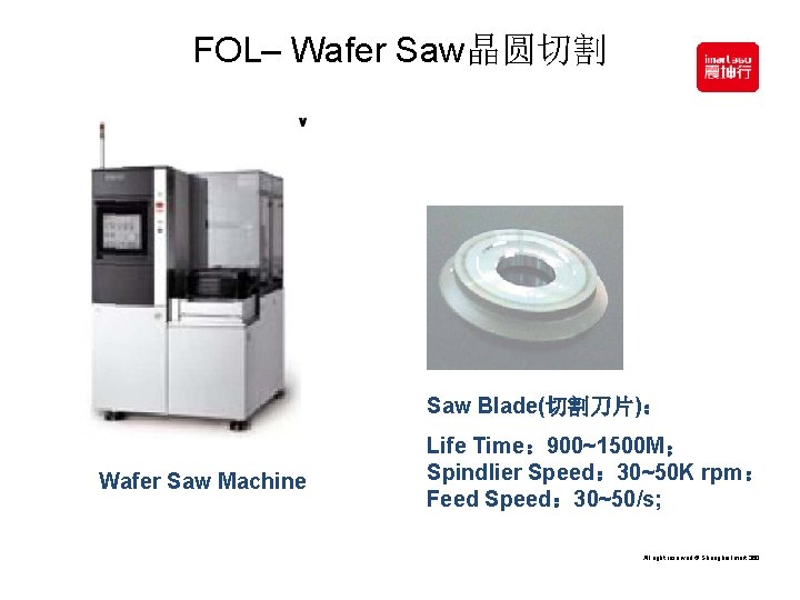 FOL– Wafer Saw晶圆切割 Saw Blade(切割刀片)： Wafer Saw Machine Life Time： 900~1500 M； Spindlier Speed：