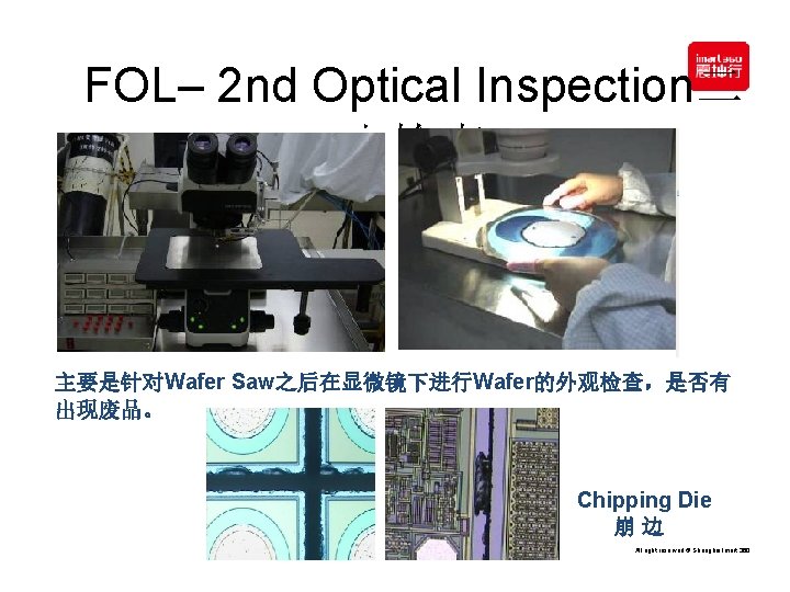 FOL– 2 nd Optical Inspection二 光检查 主要是针对Wafer Saw之后在显微镜下进行Wafer的外观检查，是否有 出现废品。 Chipping Die 崩边 All right